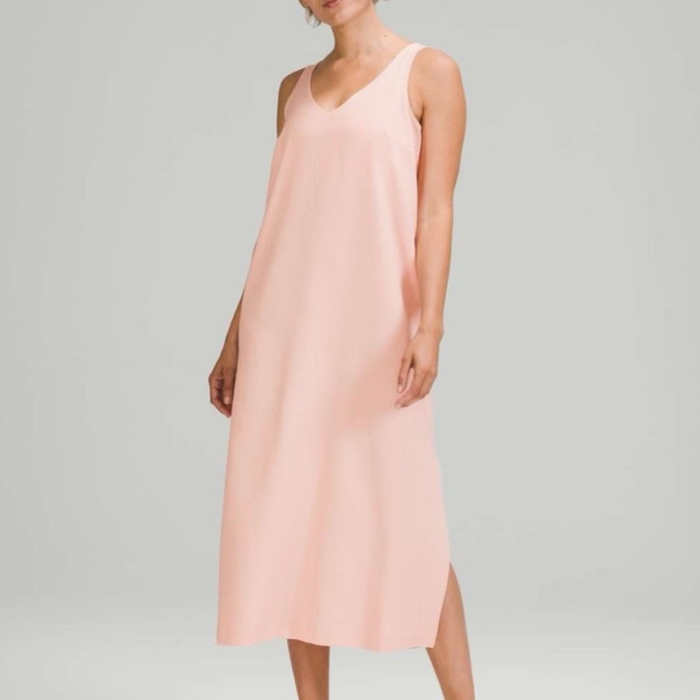 Lululemon V-Neck Midi Dress in Pink Mist, Size 10, like new, midi lightweight